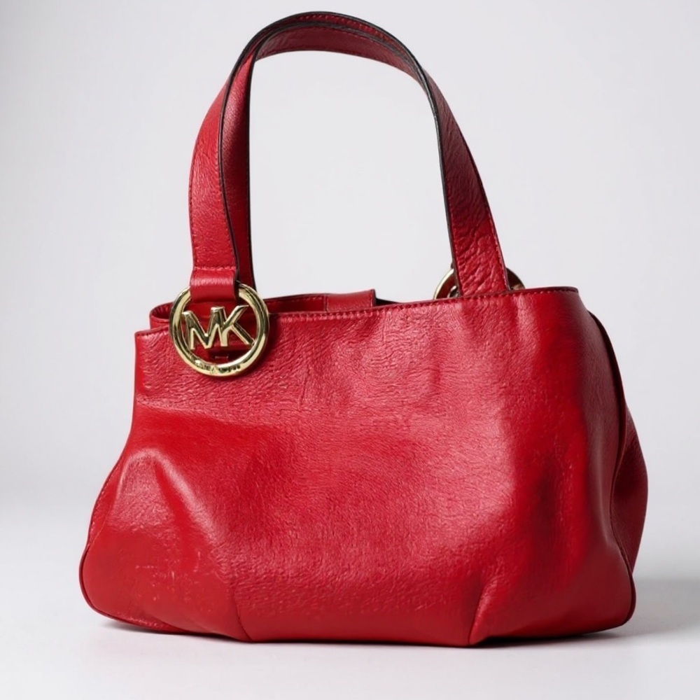 Michael Kors Leather Fulton East West Shoulder Tote Bag Satchel Compartments Red